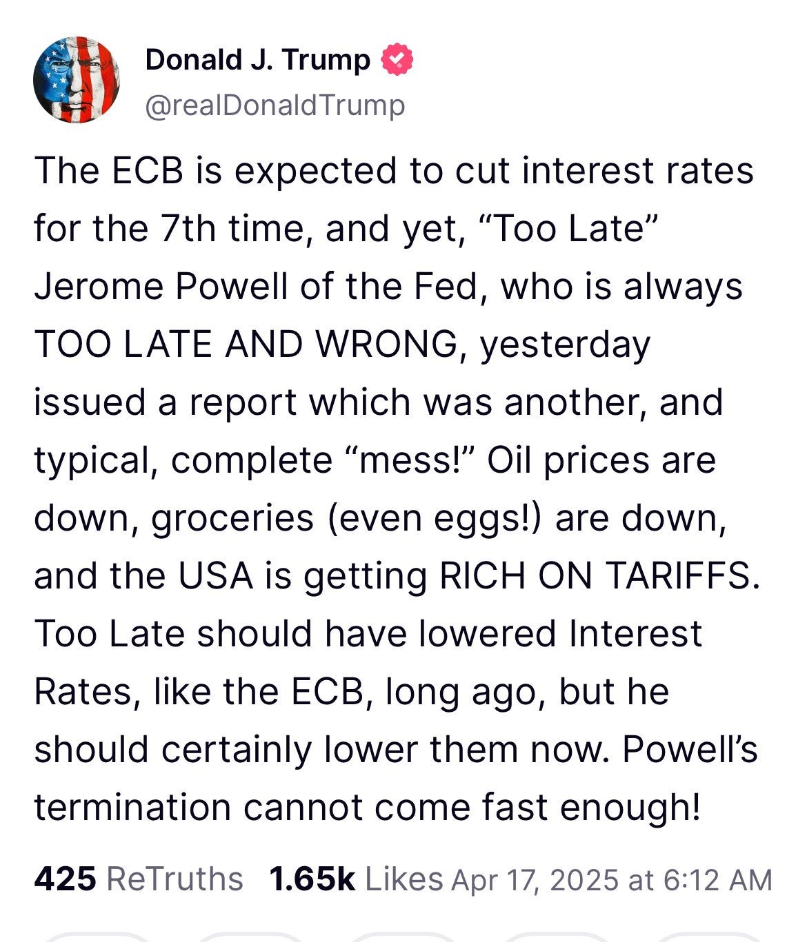 Nick Timiraos on X: "Trump: “Powell's termination cannot come fast enough.” https://t.co/LA8VyXd29P" / X