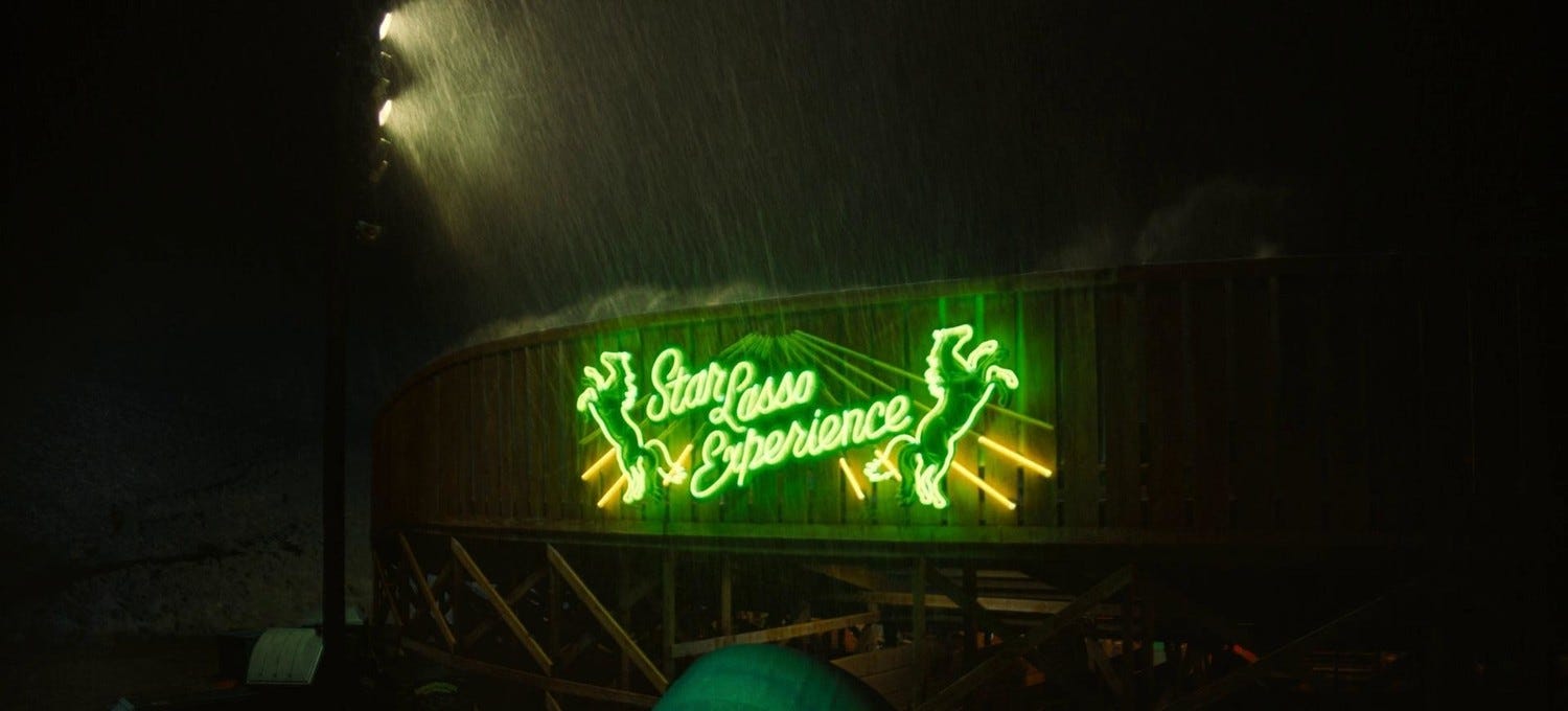 Screenshot from the film "Nope." An event called the "Star Lasso Experience" is being advertised at a amusement park.