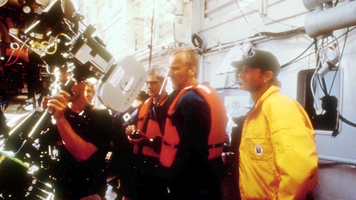 James Cameron and Bill Paxton on the set of Titanic in 1996. James Cameron and Bill Paxton on the set of Titanic in 1996.