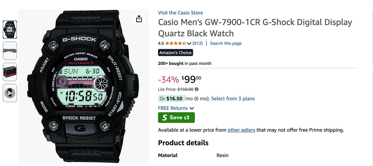Amazon product page displaying the Casio GW-7900-1CR G-Shock digital watch in black, priced at $99.00 after discount. The watch screen is bright with time and date displayed, and the bezel has prominent screws.