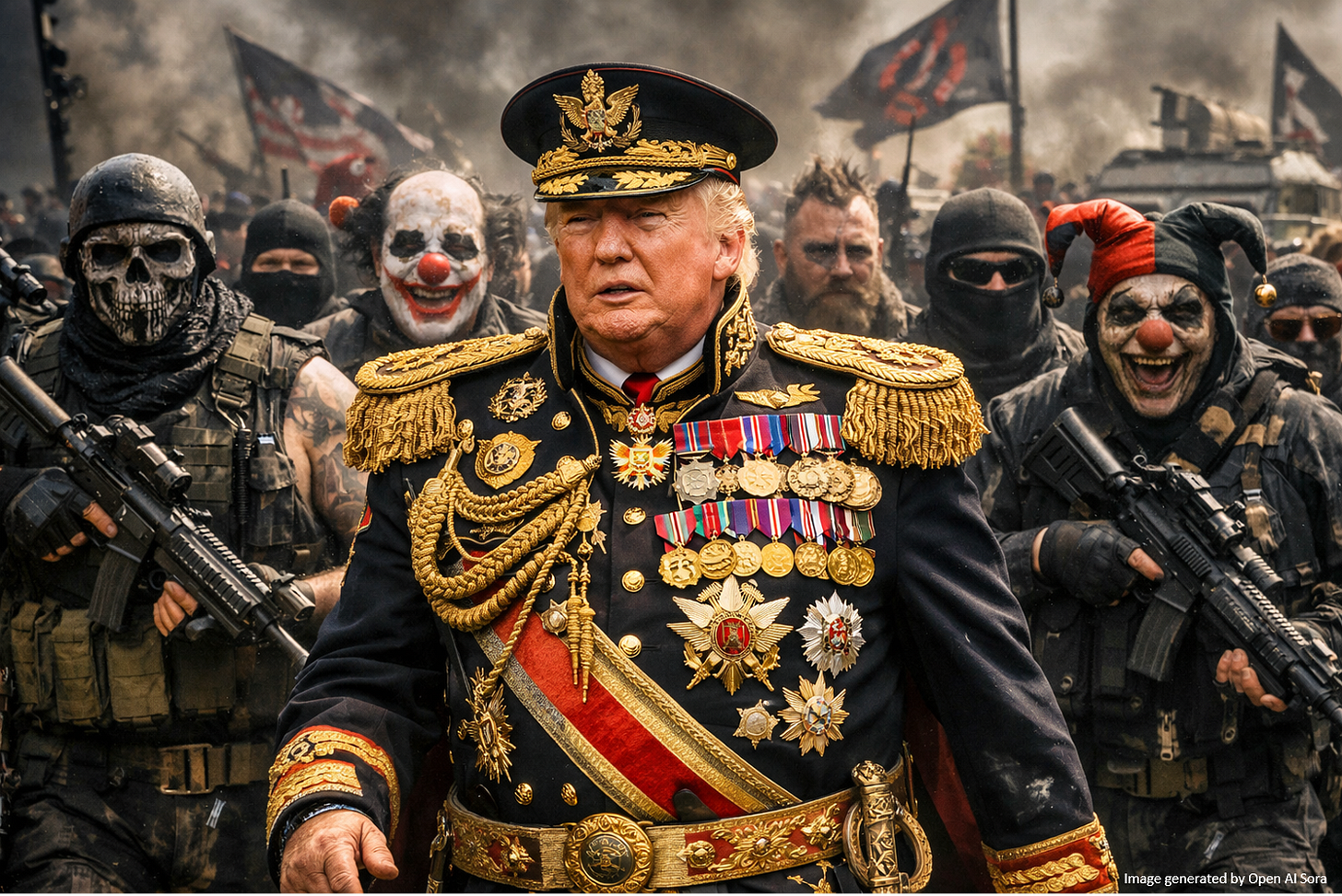 Picture of Donald Trump dressed up in over-the-top military garb, with a chest full of medals and golden epaulets. He leads a large, masked, well-armed rag-tag army of miscreants, misfits, criminals, thugs, imbeciles and clowns. Picture of Donald Trump dressed up in over-the-top military garb, with a chest full of medals and golden epaulets. He leads a large, masked, well-armed rag-tag army of miscreants, misfits, criminals, thugs, imbeciles and clowns.