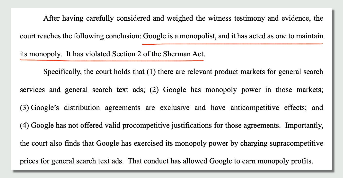Fragmento de la sentencia del juez Mehta del 5 de agosto de 2024, cuando declaró a Google una empresa monopolista. https://storage.courtlistener.com/recap/gov.uscourts.dcd.223205/gov.uscourts.dcd.223205.1033.0_3.pdf