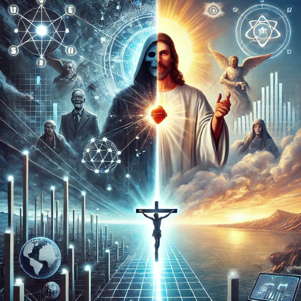 A cover art depicting a spiritual battle between materialism and faith. On one side, dark, looming figures representing global governance and technology, with wires, data, and technological symbols surrounding them, offering false promises of utopia. On the other side, a radiant, Christ-like figure representing true salvation and spiritual freedom, bathed in light, with a glowing cross. The background is split between a modern, digital landscape and a serene, heavenly realm, emphasizing the contrast between worldly deception and divine truth.