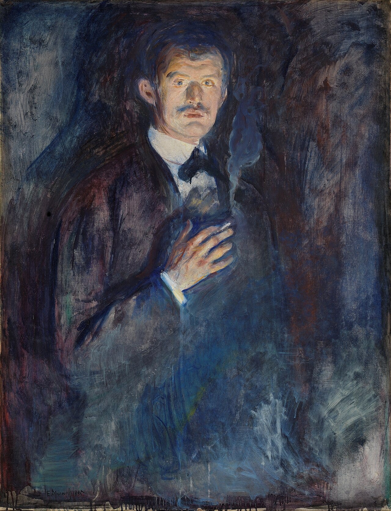 Munch's self portrait with a lit cigarette in a smoky, dim interior Munch's self portrait with a lit cigarette in a smoky, dim interior