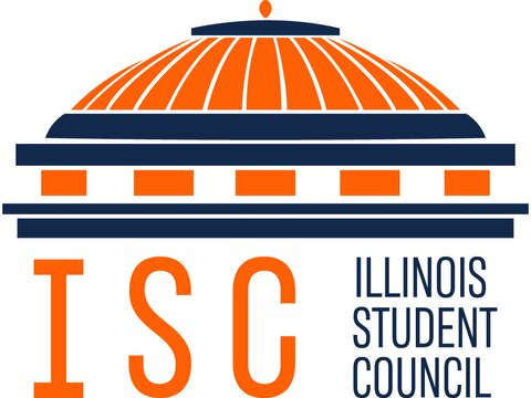 Logo of Illinois Student Council, with foelinger dome depicted in orange and blue, as well as the letters ISC and what they stand for.