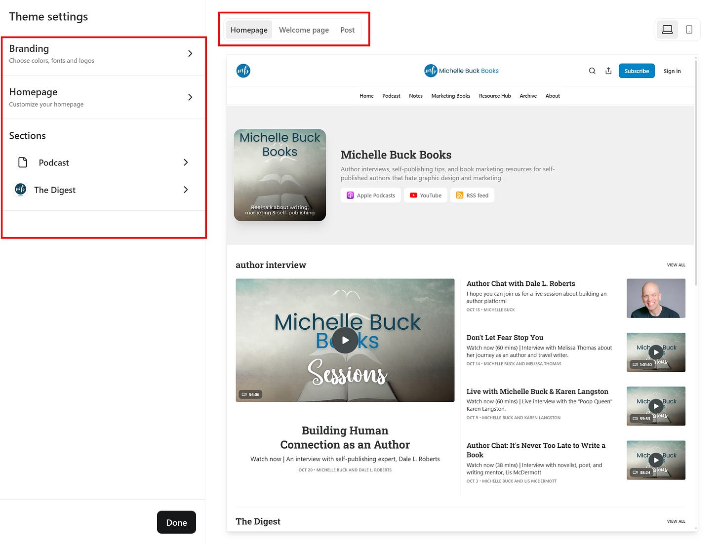 theme settings with sidebar options and view options highlighted in red theme settings with sidebar options and view options highlighted in red
