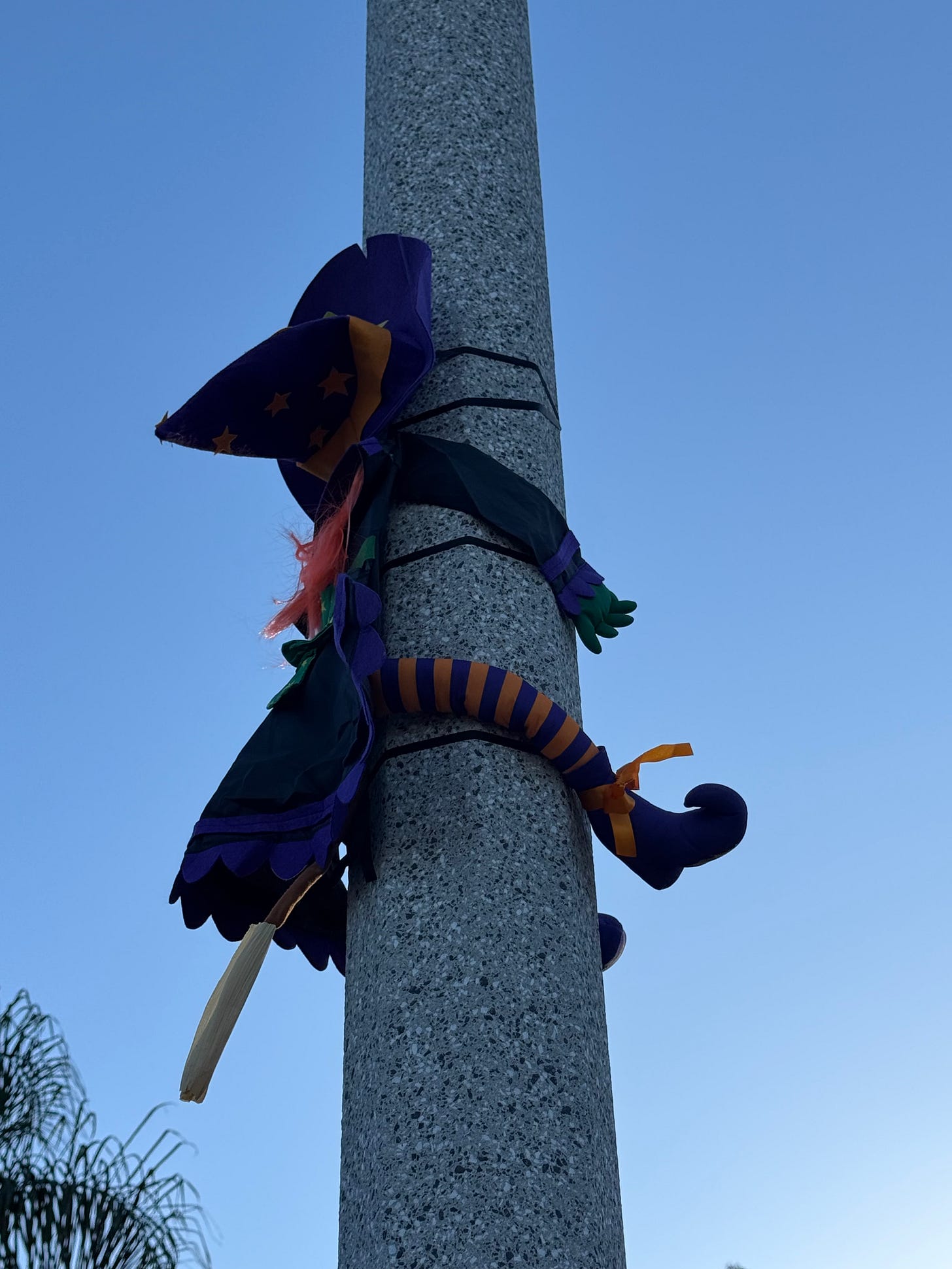 A toy witch appears to have flown face-first into a utility pole.