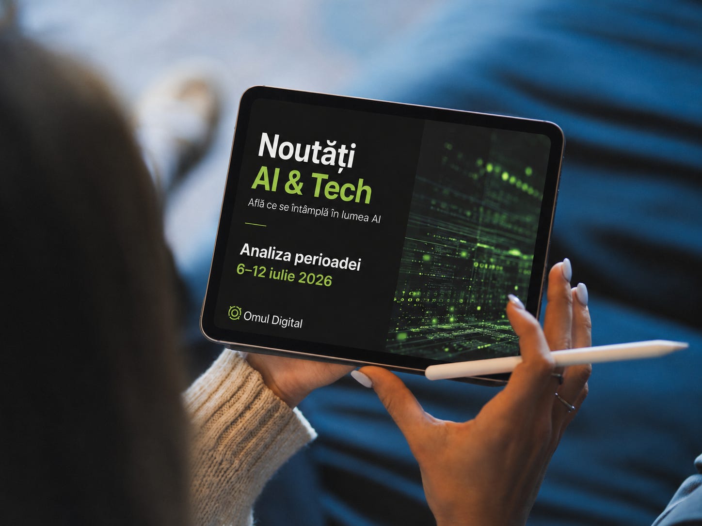 Tabletă ținută în mâini, cu ecran personalizat pentru coverul Omul Digital Noutăți AI & Tech și textul Analiza perioadei 6–12 iulie 2026, într-un cadru relaxat de interior. Tabletă ținută în mâini, cu ecran personalizat pentru coverul Omul Digital Noutăți AI & Tech și textul Analiza perioadei 6–12 iulie 2026, într-un cadru relaxat de interior.