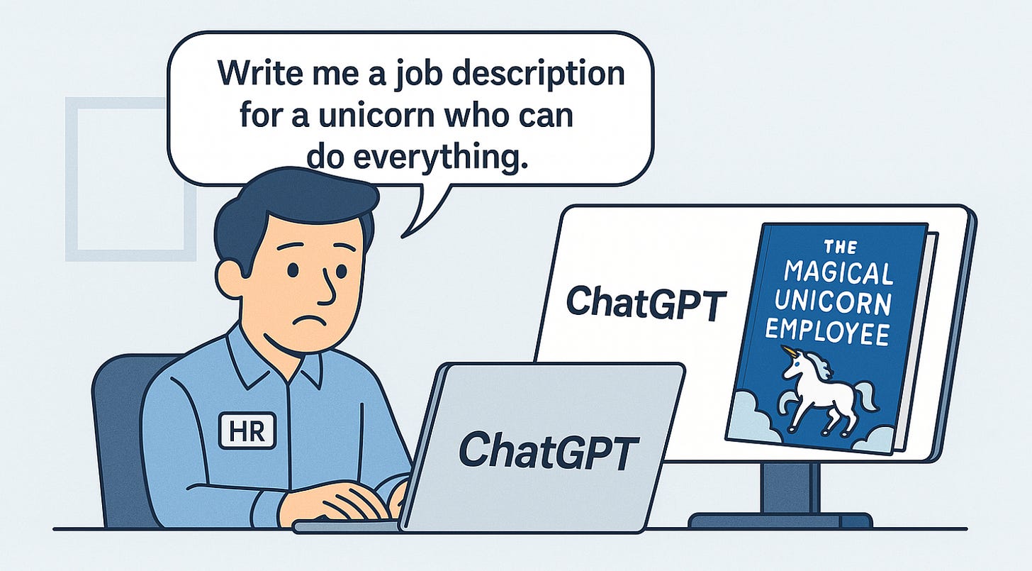 Cartoon of an HR professional asking ChatGPT to write a job description for a “unicorn employee,” illustrating how ChatGPT for HR is often used unrealistically when defining roles.