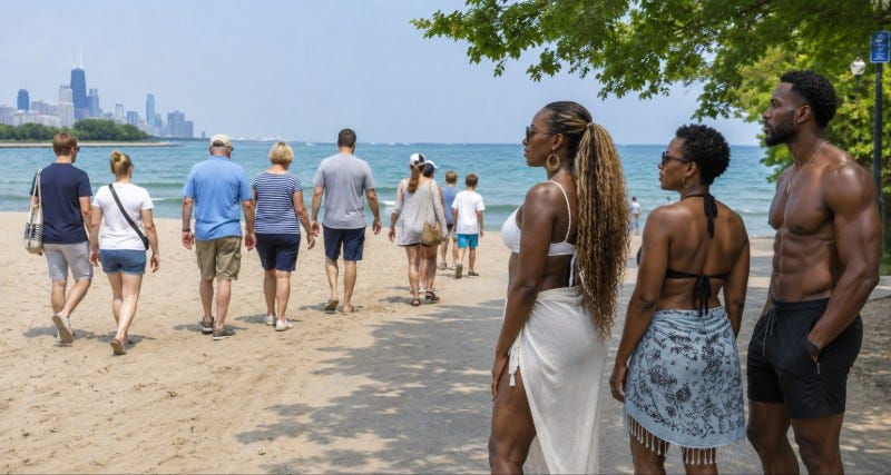 Black people in beach attire look on as fully clothed white people head toward lake water