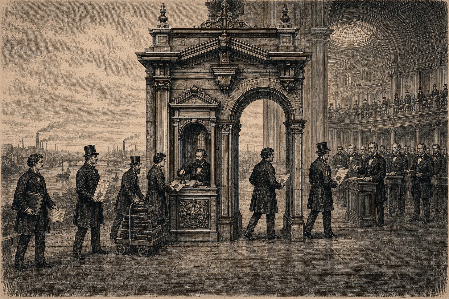 Wood-engraving editorial illustration in the Thomas Nast Harper's Weekly style for Attention Capital's essay The Pipes Aren't Built Yet. A monumental neoclassical toll-gate chamber narrows to a single stone and iron archway with a small booth occupied by a Victorian-era toll keeper stamping ledger entries with a seal. From the left, a long procession of cash-flow owners (creator, athlete, library steward, brand-as-media operator) approaches with documents to be stamped. To the right, the procession continues into a vast institutional credit chamber where private-equity principals, specialist-fund managers, and rating-agency analysts await the stamped paper. The image visualizes the essay's closing argument that the methodology layer functions as the toll booth between documented cash flow and institutional credit, and the methodology owner captures the franchise position the way FICO, Moody's, Bloomberg, and MSCI did in their respective markets. Keywords: methodology moat, standardization franchise, attention-backed credit, AQS, Attention Quality Score, toll-booth economics, private credit. Wood-engraving editorial illustration in the Thomas Nast Harper's Weekly style for Attention Capital's essay The Pipes Aren't Built Yet. A monumental neoclassical toll-gate chamber narrows to a single stone and iron archway with a small booth occupied by a Victorian-era toll keeper stamping ledger entries with a seal. From the left, a long procession of cash-flow owners (creator, athlete, library steward, brand-as-media operator) approaches with documents to be stamped. To the right, the procession continues into a vast institutional credit chamber where private-equity principals, specialist-fund managers, and rating-agency analysts await the stamped paper. The image visualizes the essay's closing argument that the methodology layer functions as the toll booth between documented cash flow and institutional credit, and the methodology owner captures the franchise position the way FICO, Moody's, Bloomberg, and MSCI did in their respective markets. Keywords: methodology moat, standardization franchise, attention-backed credit, AQS, Attention Quality Score, toll-booth economics, private credit.