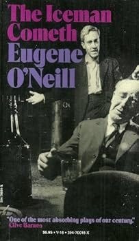 Cover of the play with The Iceman Cometh in purple letters and Eugene O'Neill in blue. The cover depicts a scene from the play, with a man drinking at a barroom table and another man standing behind him and speaking to his back.
