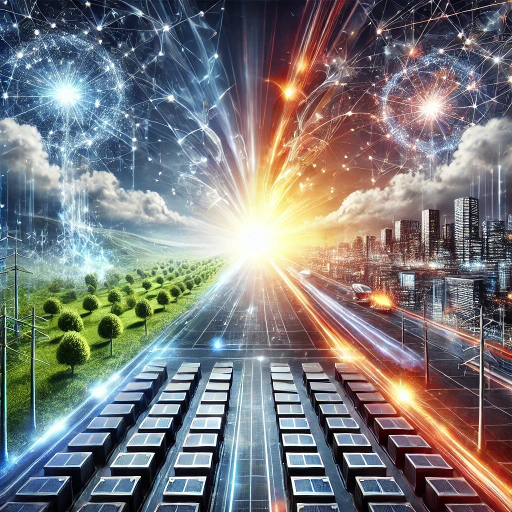 A futuristic landscape illustrating the concept that 'batteries are the new oil' and 'data is the new oil.' The image is divided into two halves: The left side shows a vast field of modern, sleek battery storage units, representing energy and power, with a digital glow to emphasize technological advancement. The right side depicts streams of data flowing through a network of interconnected nodes, symbolizing the vast potential and value of information. Where the two halves meet in the center, a vibrant fusion occurs, creating an explosion of new opportunities symbolized by emerging tech hubs, electric vehicles, smart cities, and innovative data-driven applications. The background is a blend of digital and natural elements, reflecting the convergence of technology and sustainability.