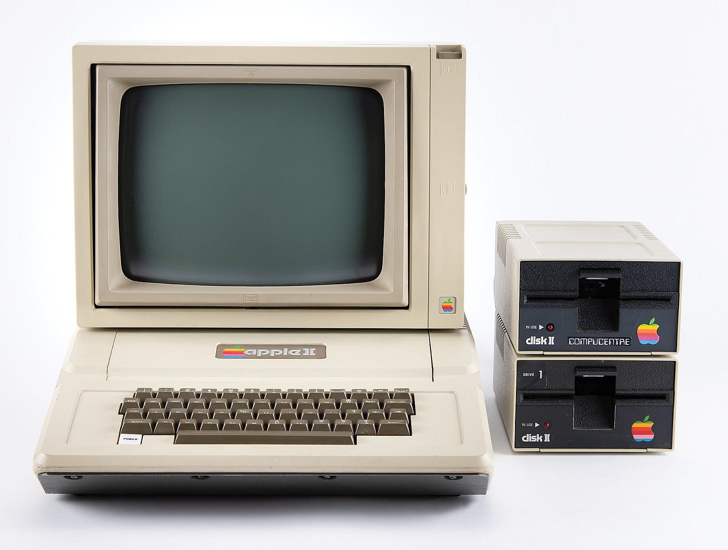 Apple II computer, 2 Disk II floppy disk drives, and Apple monitor