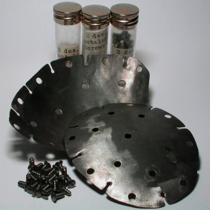 Image of tantalum skull plates with glass vials of screws Image of tantalum skull plates with glass vials of screws