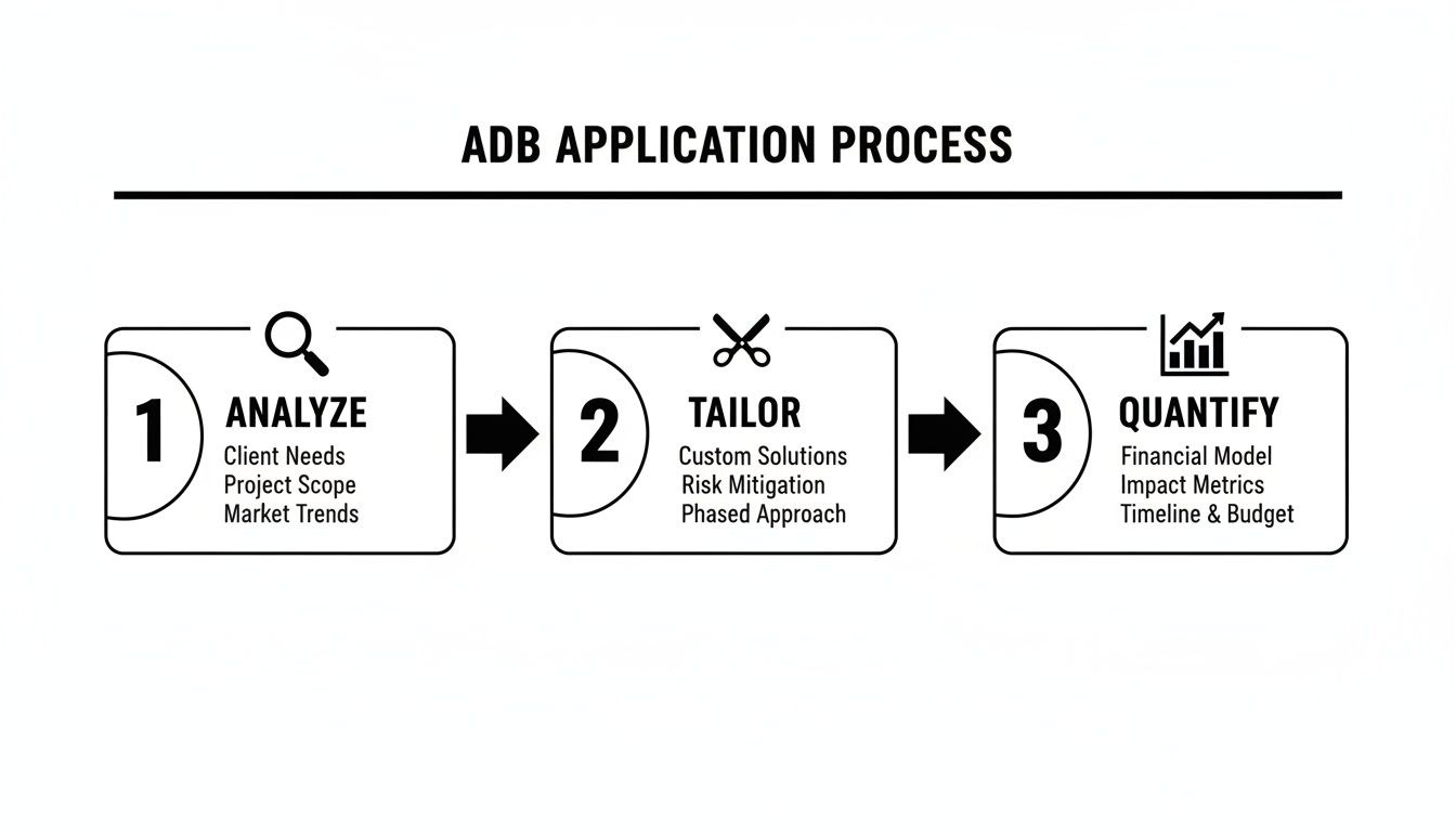 Infographic detailing the ADB Application Process, outlining three key steps: Analyze, Tailor, and Quantify. Infographic detailing the ADB Application Process, outlining three key steps: Analyze, Tailor, and Quantify.
