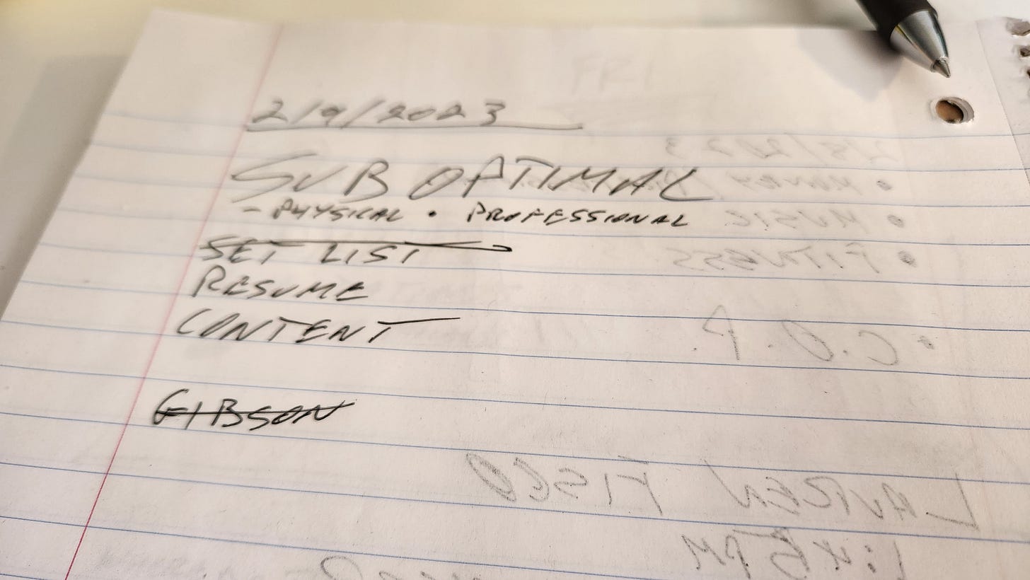 Picture of my notebook with the word Suboptimal written at the top.
