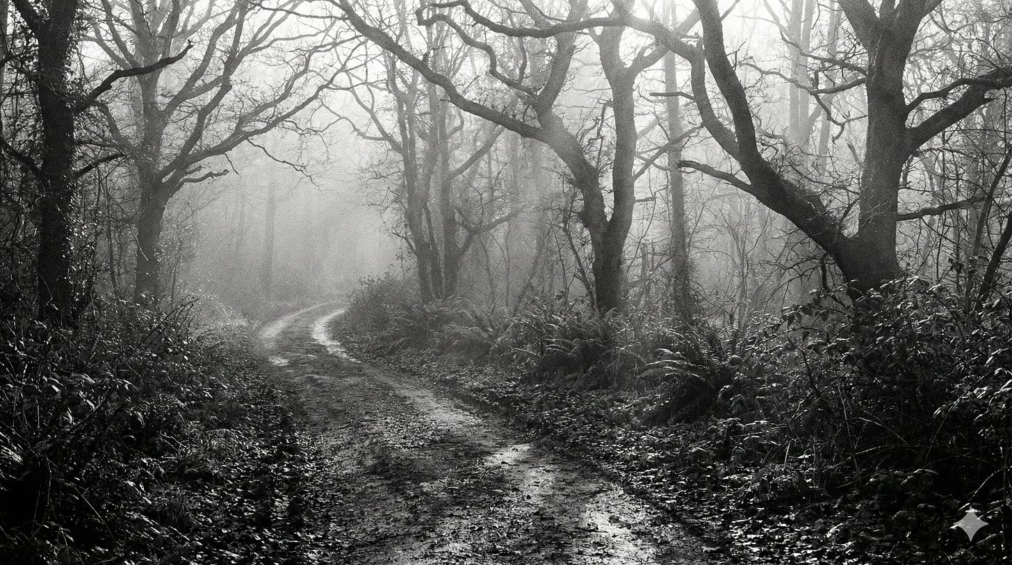 Black and white photo of a winding dirt path through dense woods in early morning mist.