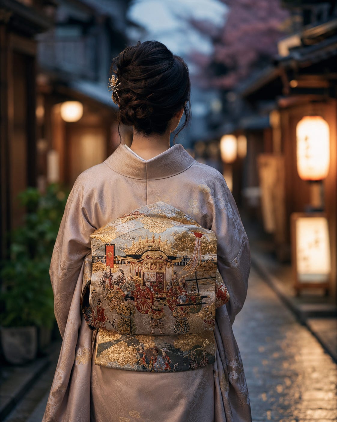 A woman seen from behind in a pale kimono, hair in an updo with a gold ornament, a patterned obi tied at her back in a taiko knot, standing in a lantern-lit street at dusk with blurred pink blossom behind. A woman seen from behind in a pale kimono, hair in an updo with a gold ornament, a patterned obi tied at her back in a taiko knot, standing in a lantern-lit street at dusk with blurred pink blossom behind.