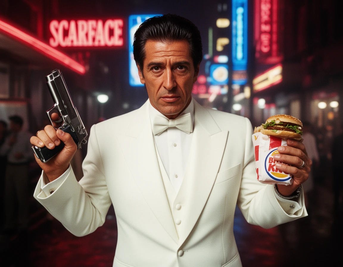 Al Pacino as Tony Montana from Scarface wearing white tuxedo packing a gun and eating Burger King
