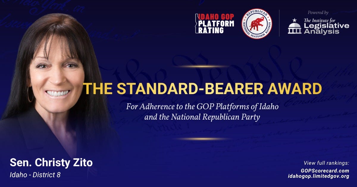 Idaho Politics — Senator Christy Zito (District 8) wins prestigious Standard-Bearer Award from Institute for Legislative Analysis and Republican National Platform (11/02/25)