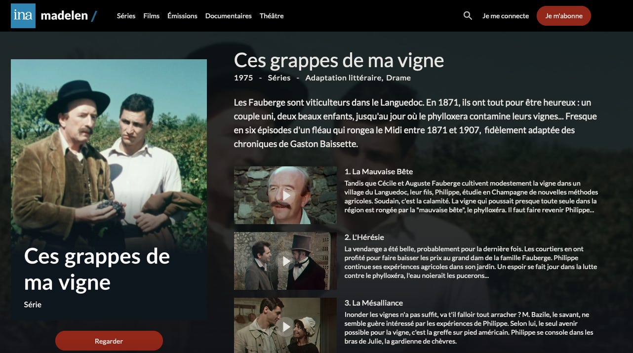 Copie d’image de télévision présentant une série intitulée Ces grappes de ma vigne, ORTF, 1975