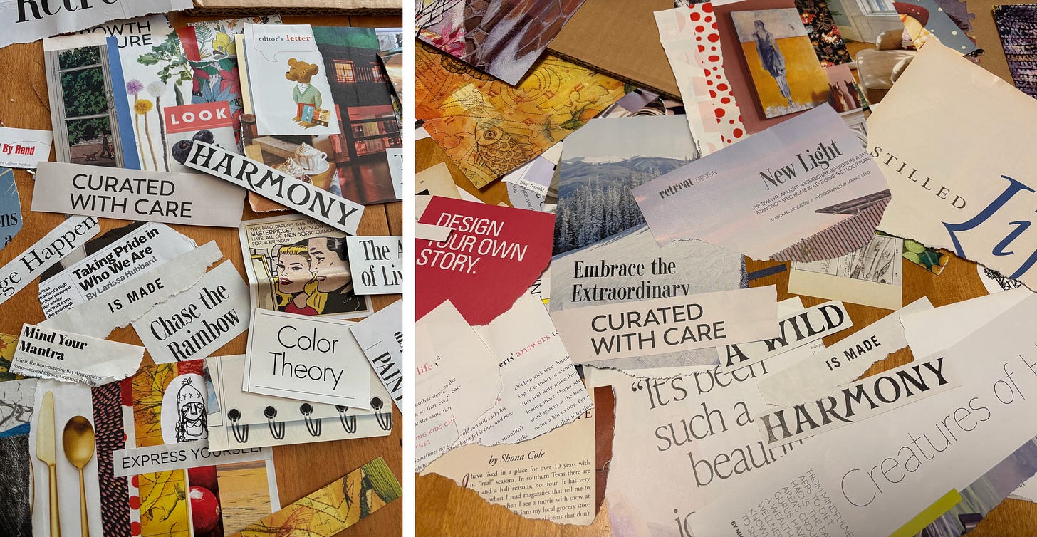 Sample collage cards in progress with magazine clippings