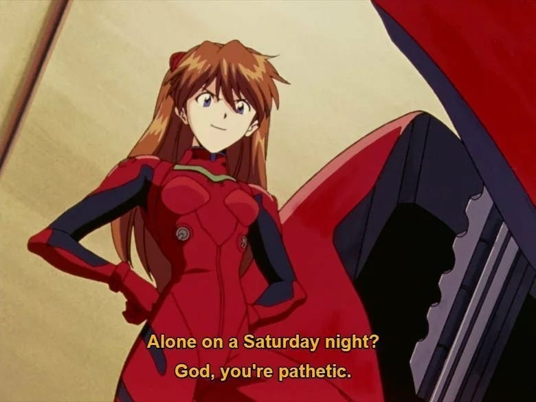 Girl in red with caption: "Alone on a Saturday night? God, you're pathetic."