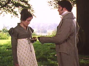 Mr. Darcy giving Elizabeth the letter that explains who he really is and his behavior.