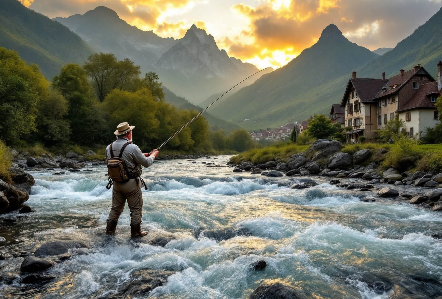 An old man, adorned with fly-fishing gear, stands poised in a rushing Pyrenees river, casting under a vibrant sunrise. A quaint village nestles against lush, mountainous backdrops, bathed in golden hues. An old man, adorned with fly-fishing gear, stands poised in a rushing Pyrenees river, casting under a vibrant sunrise. A quaint village nestles against lush, mountainous backdrops, bathed in golden hues.
