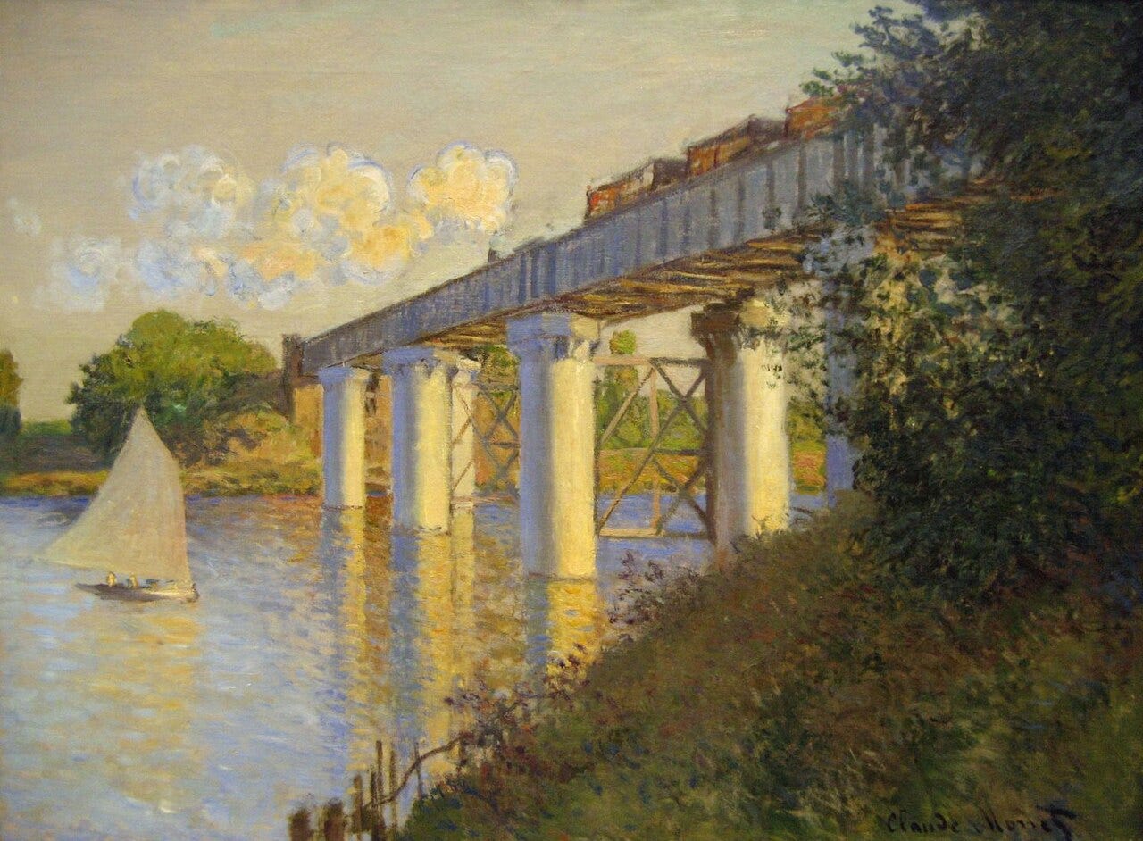 Sailboats by a road bridge on the Seine under a summer sky Sailboats by a road bridge on the Seine under a summer sky