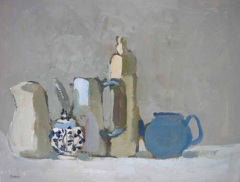 Still life painting by Pierre Coquet showing bottles, a blue teapot and ceramic jar arranged against a neutral background. Still life painting by Pierre Coquet showing bottles, a blue teapot and ceramic jar arranged against a neutral background.