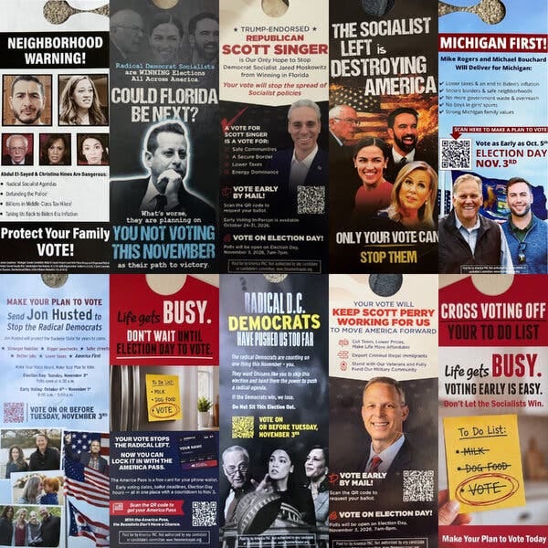 Ten different examples of political literature that the Musk operation is hanging on voters’ doors, many of them attacking Democrats. Ten different examples of political literature that the Musk operation is hanging on voters’ doors, many of them attacking Democrats.