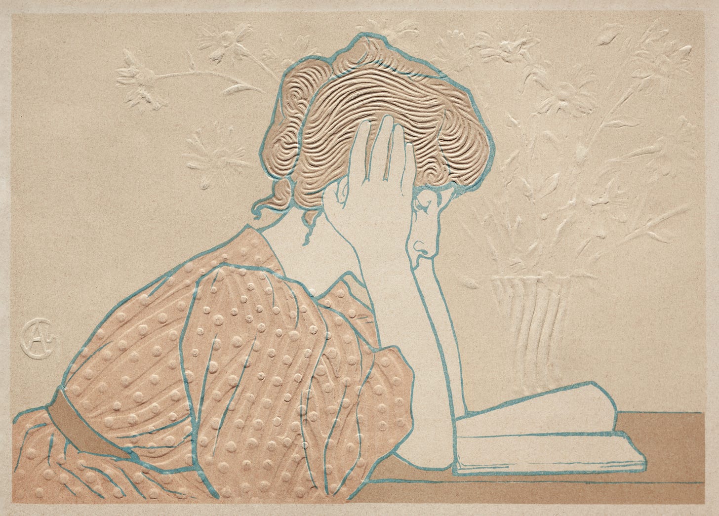 vintage illustration, with relief elements, of a woman leaning on her elbows and intensely reading a book