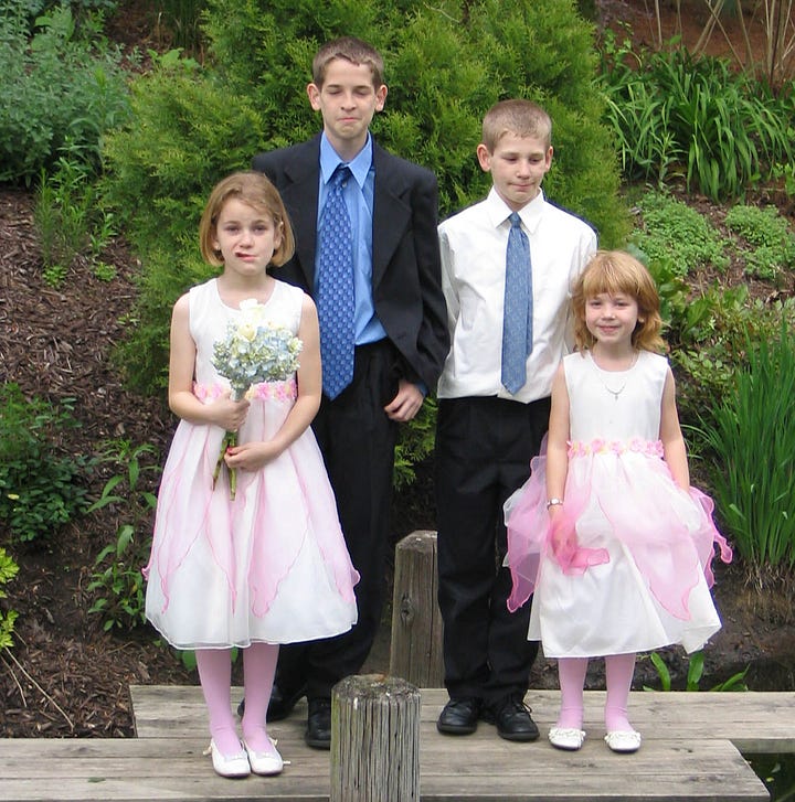 Two little girls squinting into the sun, a young boy with goofy smile, four children dressed up with silly expressions on faces, and young girl in Sunday best hugging a tree.
