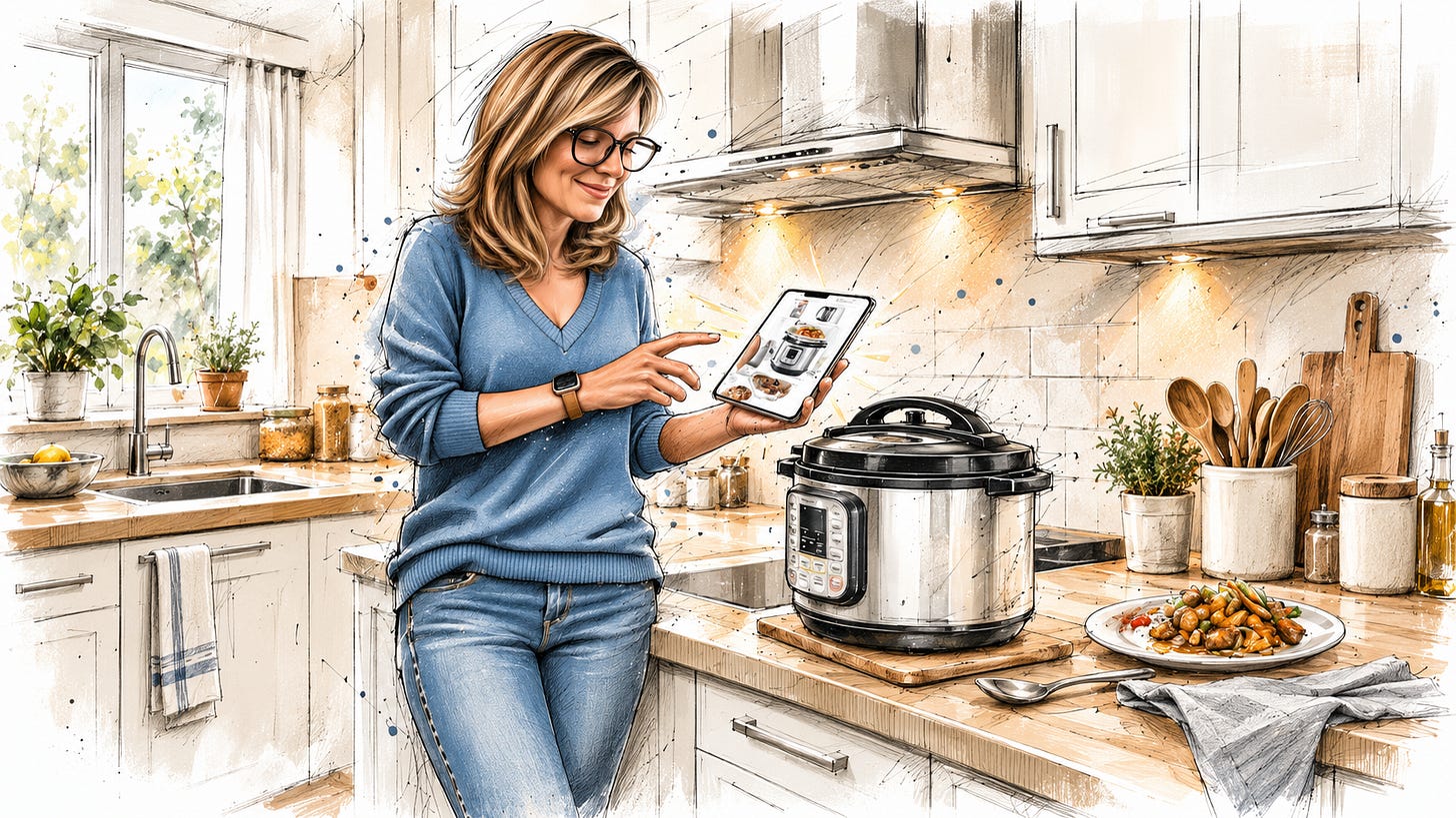 A woman looks at a cooker advertisement on her phone beside her existing cooker and a prepared meal. A woman looks at a cooker advertisement on her phone beside her existing cooker and a prepared meal.