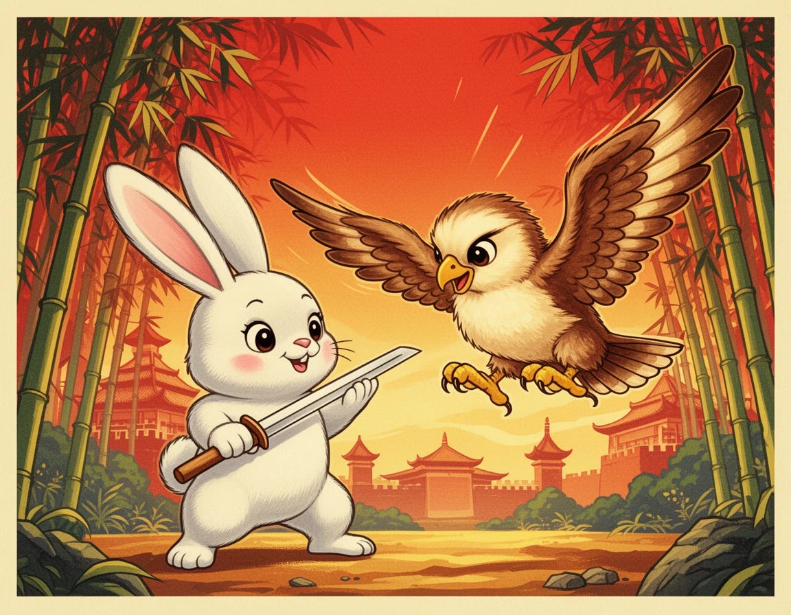 chinese propaganda cartoon where cute little bunny fights cute little eagle