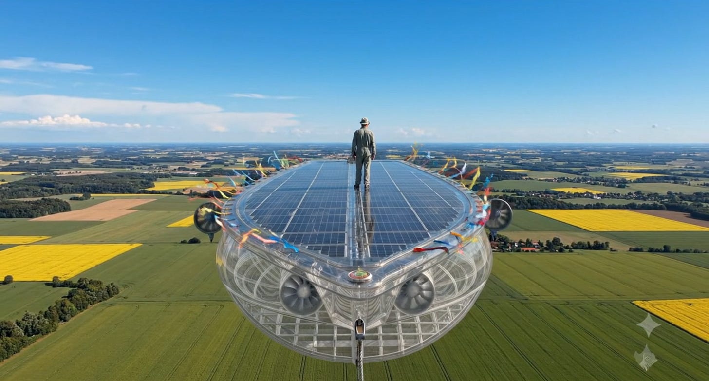 Pilot standing on solar deck of skyboard, hundreds of meters above sunlit farmland.