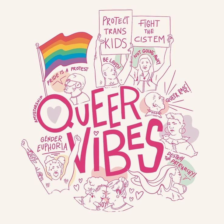 This may contain: an illustration with the words'queer vibes'and people holding signs in different languages