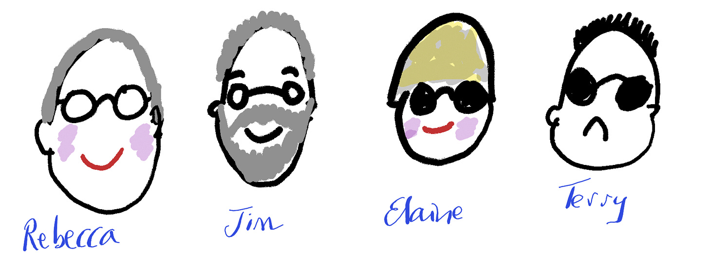 Cartoon of Rebecca, Jum, Elaine and Terry