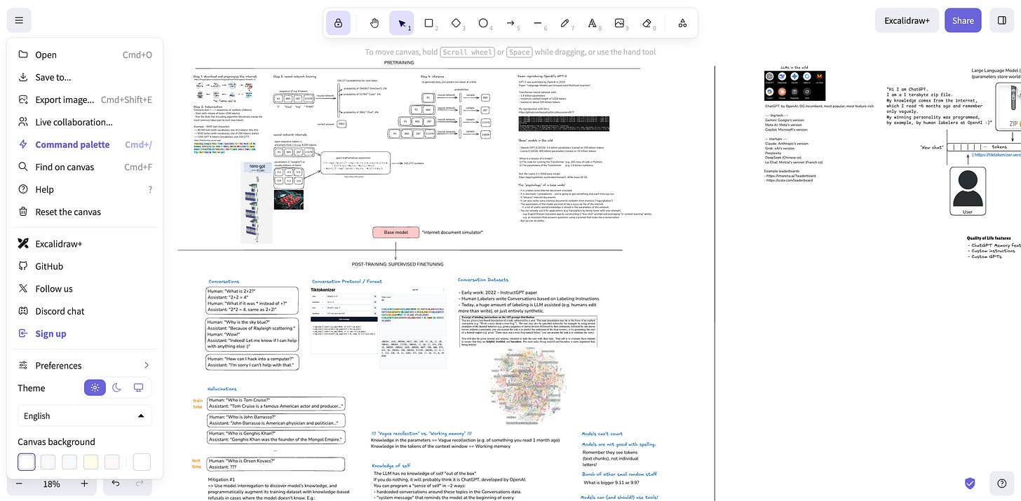 Screenshot of the Excalidraw user interface showing a canvas with diagrams and a toolbar.