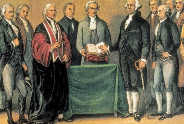 General George Washington swearing in as President at the ol