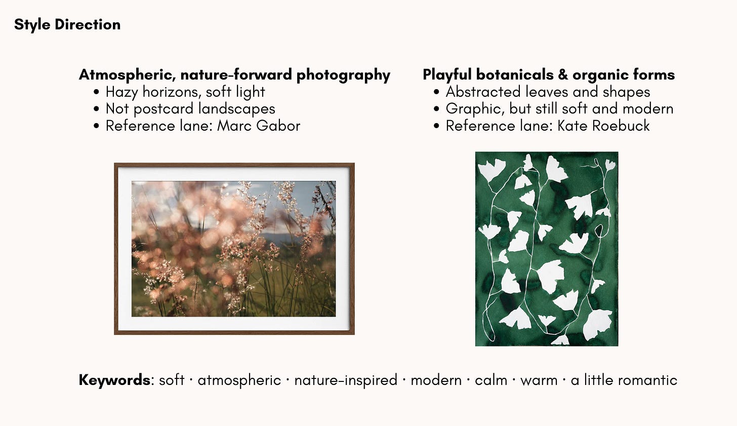 Art advisory moodboard showing atmospheric landscape photography, abstract botanicals, soft pinks, muted blues, greens, and organic forms.