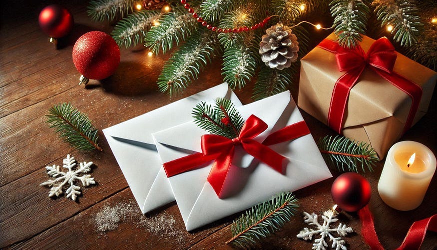 Two envelopes tied in red ribbon under the Christmas tree