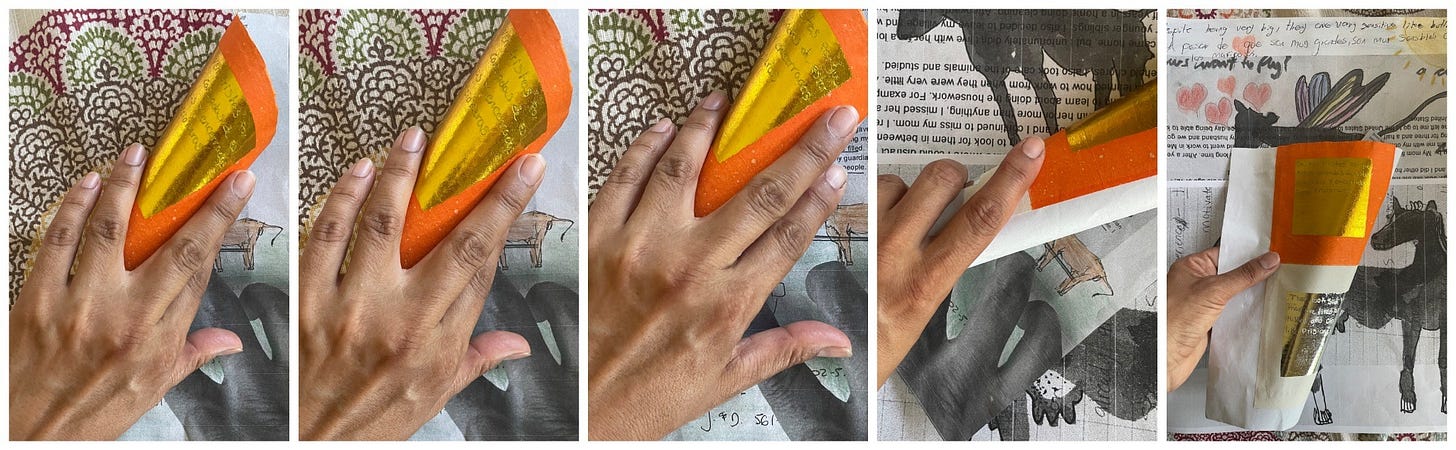 A filmstrip-like photo collage documents a sequence of hands interacting with layered works on paper. As the hands lift and gesture across the surface, different layers of image and color are revealed, including bright orange, white, and metallic gold papers. The surfaces contain handwritten stories, drawings, and collage elements generated through a collaborative art process. As the pages are opened and rearranged, a black flying cow gradually emerges within the background collage, adding a whimsical visual motif that echoes themes of imagination, storytelling, movement, and transformation.