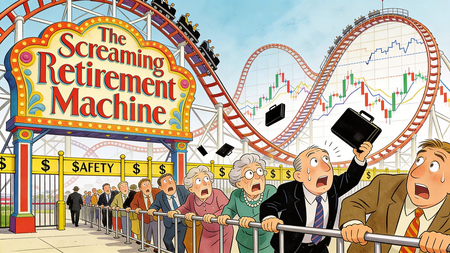 Cartoon of "The Screaming Retirement Machine" roller coaster ride