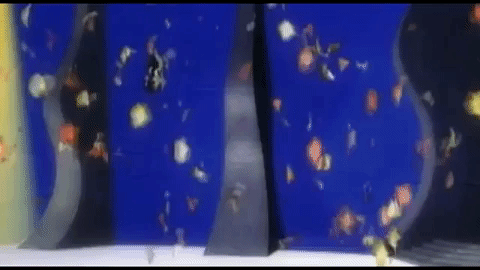 Yellow shirt girl is here, and it turns out she's actually wearing a yellow jacket -- with a black t-shirt and orange pants. A bunch of tiny pieces of her come in from all parts of the screen to make her image, and then break apart again.