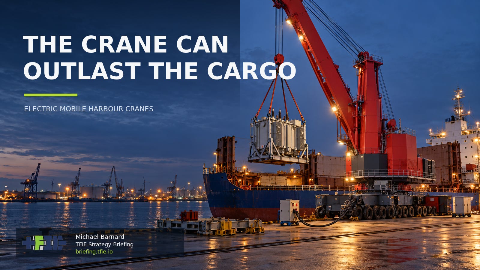 A red electric mobile harbour crane at a European multipurpose terminal lifts a large electrical transformer from a cargo vessel at blue hour; a shore-power cable connects the crane to the quay, with water, port lights and distant cranes behind it. A red electric mobile harbour crane at a European multipurpose terminal lifts a large electrical transformer from a cargo vessel at blue hour; a shore-power cable connects the crane to the quay, with water, port lights and distant cranes behind it.