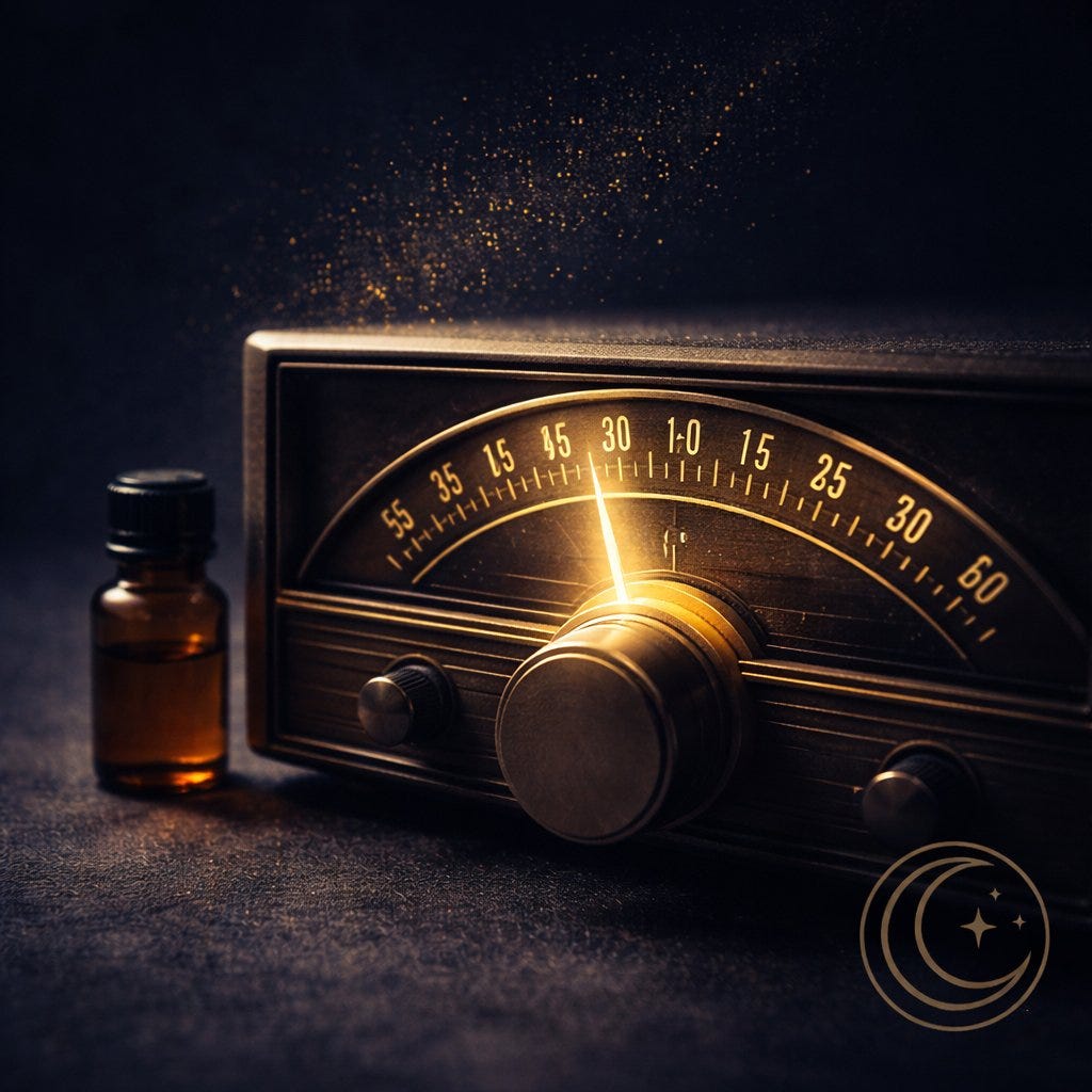 MoonInMental aromatherapy image for April 26-May 2 2026 Uranus enters Gemini. A radio dial with gold light and an amber oil bottle on dark surface representing the frequency shift and nervous system recalibration.