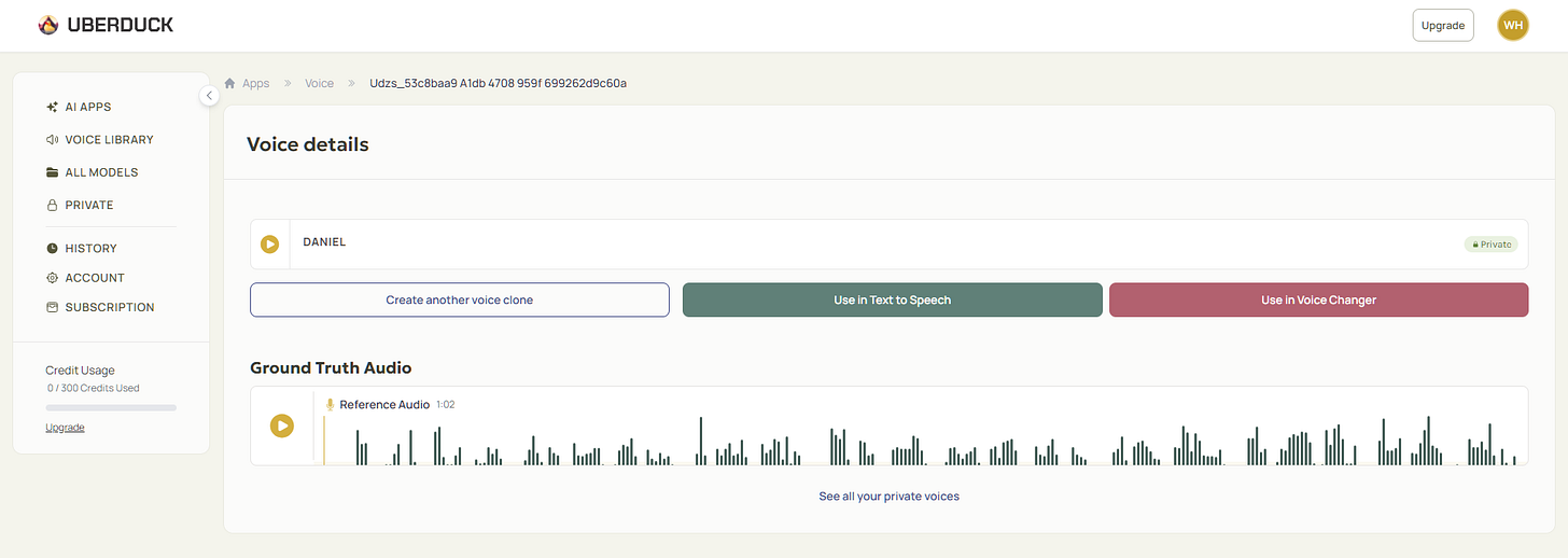 Uberduck voice dashboard